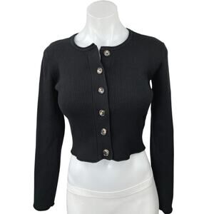 MOD REF Black Ribbed Knit Button Down Cropped Cardigan Sweater Top Size S
